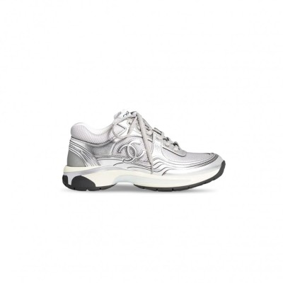 CHANEL  FABRIC LAMINATED CALFSKIN STRETCH CC SNEAKERS WHITE SILVER G39792